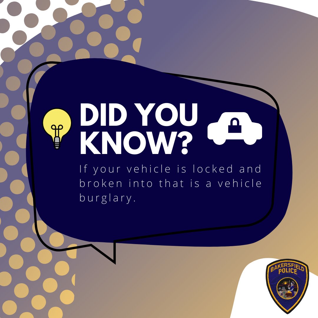 bakersfieldpd's tweet photo. Don’t let your vehicle be an easy target.
•Remember to lock your vehicle.
•Park in well-lit areas and do not leave any valuables in the vehicle.
•Be sure to report any suspicious activity.
#bpd #lockyourvehicle #vehiclesafetytips #bettertogether https://t.co/rjqLW9o8Yq
