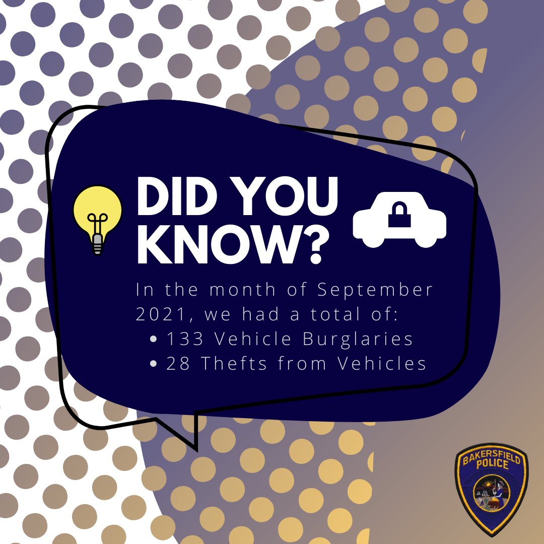 bakersfieldpd's tweet photo. Don’t let your vehicle be an easy target.
•Remember to lock your vehicle.
•Park in well-lit areas and do not leave any valuables in the vehicle.
•Be sure to report any suspicious activity.
#bpd #lockyourvehicle #vehiclesafetytips #bettertogether https://t.co/rjqLW9o8Yq