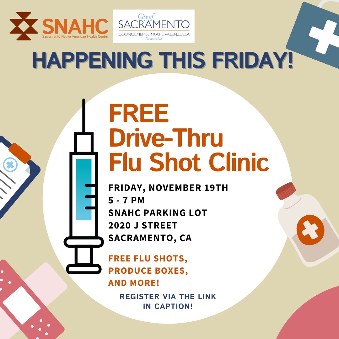 SacNAHC's tweet photo. REMINDER! SNAHC is hosting a FREE drive-thru flu shot clinic THIS FRIDAY, November 19th, from 5 - 7 pm!

For more information and to register, please visit: https://t.co/a7YIyxLQsZ https://t.co/yj8f8HqMos