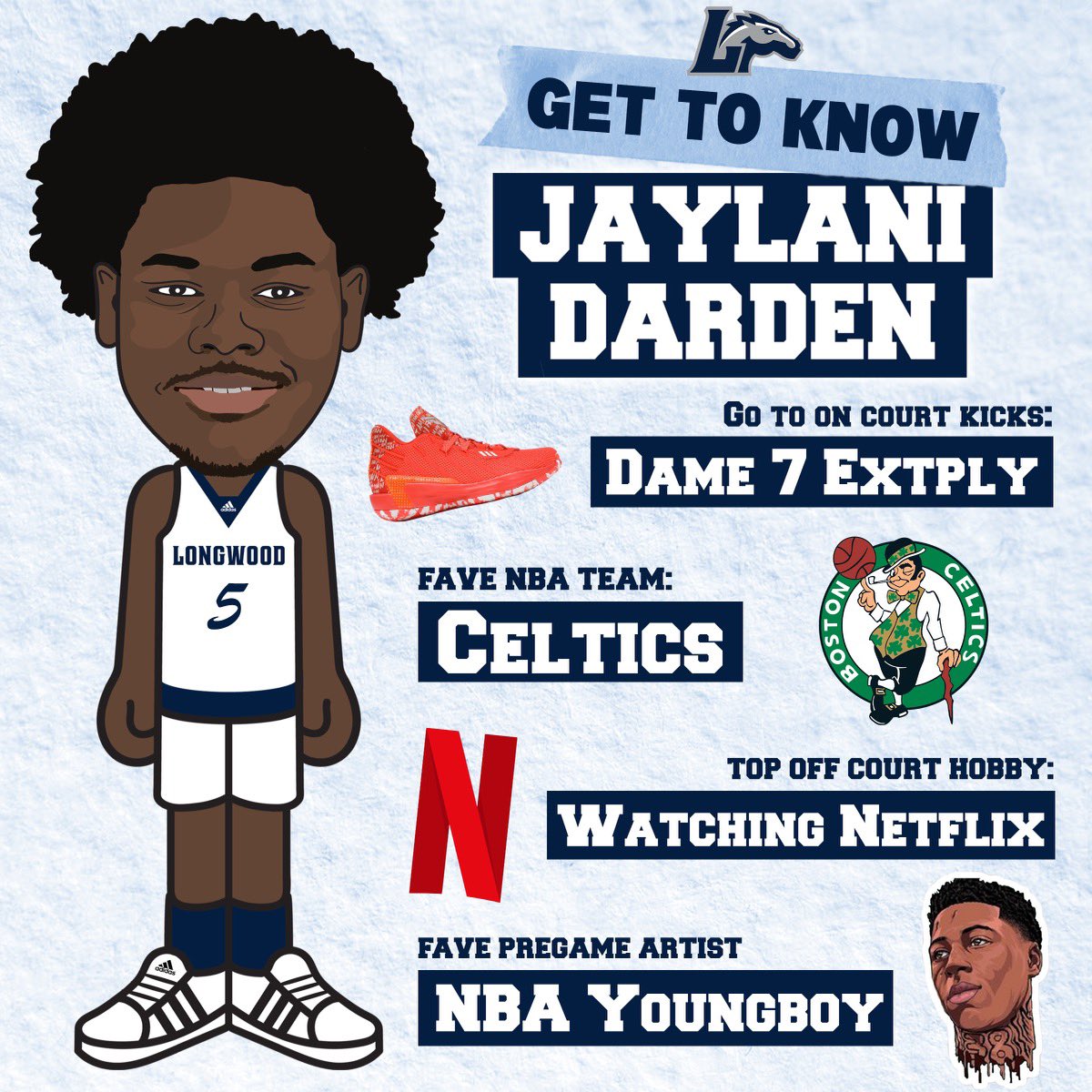 LongwoodMBB's tweet photo. #GetToKnow

Our guy @DardenJaylani …if you know JD all you can do is smile 😎 

Excited for Lancer Nation to see him grow over the next 4 years…BG 🪣

#OnTheRise https://t.co/nmBp6jvSBf