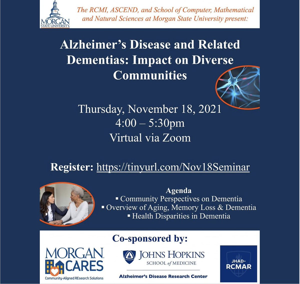 JH_Memory_Aging's tweet photo. Join us Thursday (Nov. 18, 4pm) 
for a seminar entitled:
 
"#Alzheimers Disease and Related #Dementias: Impact on #Diverse Communities"

#Aging #Memory #SDOH #HealthDisparities #BrainHealth

Register here: https://t.co/XwCYLZ8P4S https://t.co/92MKtlzbKc