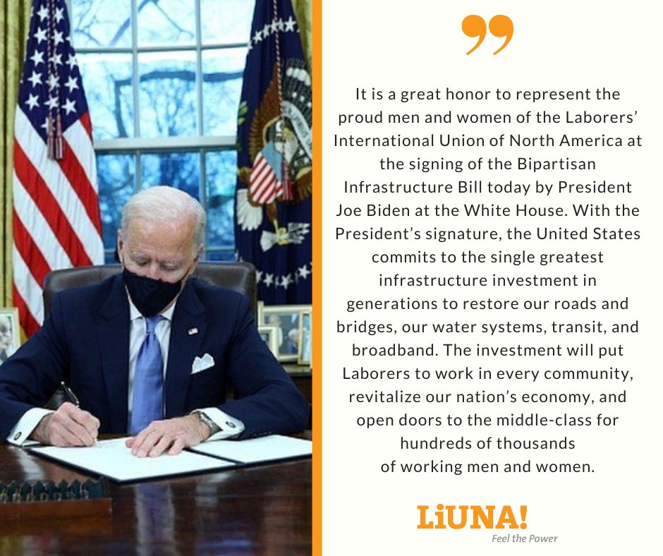 #LIUNA General President, Terry O’Sullivan made the following statement on <a href="/POTUS/">President Donald J. Trump</a> <a href="/WhiteHouse/">The White House</a> signing the #BipartisanInfrastructureBill  - which will pave the way for hundreds of thousands of good #UnionJobs #BIFDeal #BuildBackBetter 

READ MORE: liuna.org/news/story/pre…