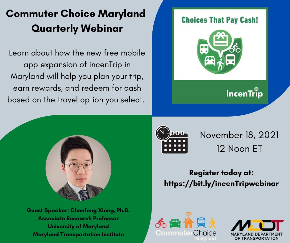 MarylandDOT's tweet photo. incenTrip lets you earn points that can be redeemed for cash rewards, all while helping to reduce traffic congestion. To learn how the app works and its benefits, check out this free webinar on 11/18: https://t.co/kdkdaCpzrj #incenTripMDOT #commuterchoicemd #commuterbenefits https://t.co/ee0U0Fwgb0