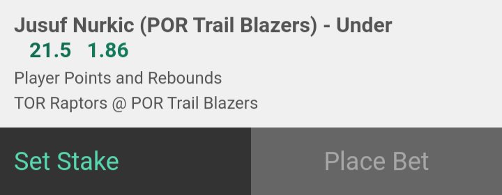 NBA player prop for tonight:

Raptors @ Blazers

Jusuf Nurkic u21.5 pts + rebs

1% play @ 1.86 (365) https://t.co/YnCm5S4iQh