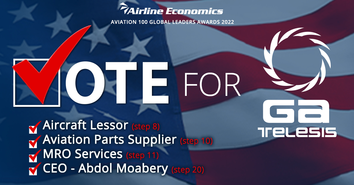 Vote for GA Telesis for the Airline Economics Aviation 100 Global Leaders Awards - We would be honored to be recognized and appreciate your support!
Vote HERE: ow.ly/vO2h50GObpG

#GATelesis #AirTravel #Aviation #Airlines #Awards #Vote #AirlineEconomics #CEO