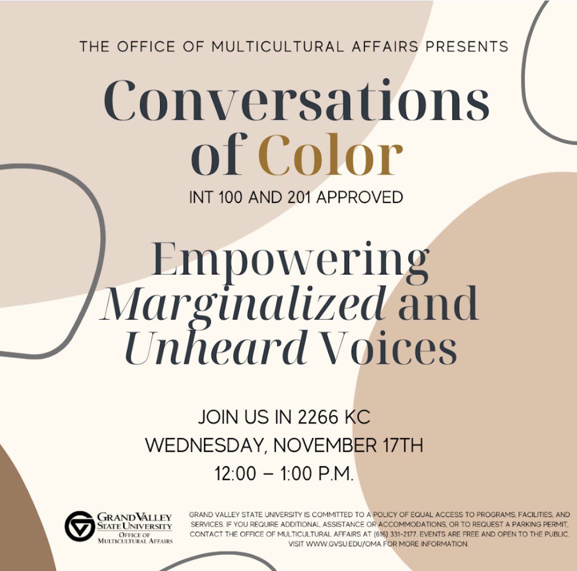 Hey Lakers!

We hope you all are doing well!
 Join us this Wednesday for our last Conversations of Color event of the semester! It will be in 2266 KC from 12:00 p.m. — 1:00 p.m. We would love to have you there!