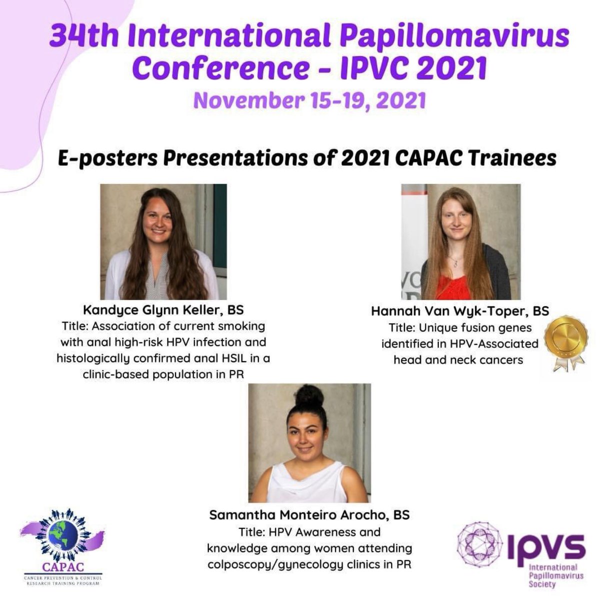 capacpuertorico's tweet photo. This week, 3 of our 2021 CAPAC Trainees will be presenting their research projects at the IPVC 2021. 🙌🏽#HPVResearch #CancerHealthDisparities #GlobalResearch
#CAPACOutcomes
#CCCUPR https://t.co/EVEIECuI4h
