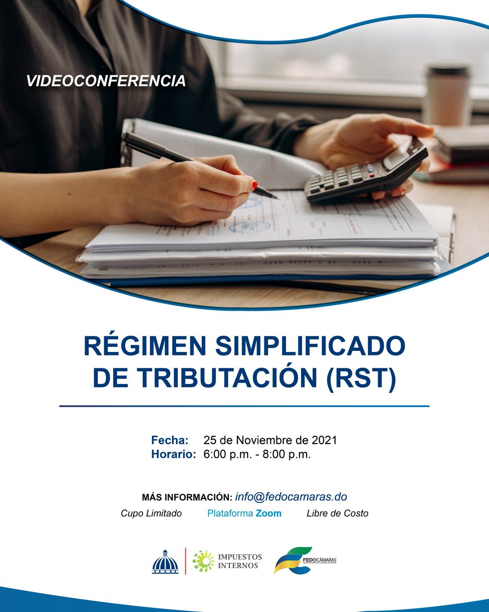 Te invitamos a participar en la videoconferencia impartida en conjunto con <a href="/DGii/">Impuestos Internos</a>  sobre el Régimen Simplificado de Tributación (RST), este 25 de noviembre a las 6PM.

Link de registro: docs.google.com/forms/d/e/1FAI…

#SomosFedocamaras