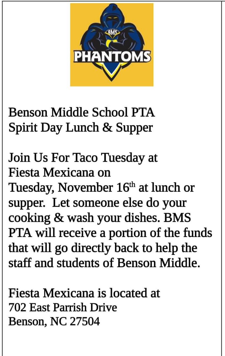 Benson Middle School PTA Fiesta Mexicana Spirit Day, Tuesday, November 16th at lunch or supper. Fiesta Mexicana has requested that Vouchers be took to the restaurant on Spirit Day to let them know you are supporting the Benson Middle School PTA.💛💙🌮
<a href="/PtaPride/">Benson Middle School PTA</a> 
<a href="/benson_middle/">BensonMiddleSchool</a>