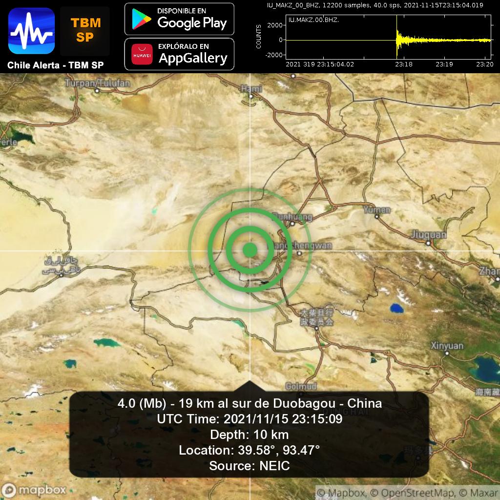 ChileAlertaApp's tweet photo. New #Earthquake. π
4.0 (Mb) - 19 km al sur de Duobagou - China.
2021/11/15 23:15:09 UTC.
App: https://t.co/RblVNxZYn8
#Duobagou #China #earthquake #sismo #temblor #terremoto https://t.co/GQ9DKVk3IY
