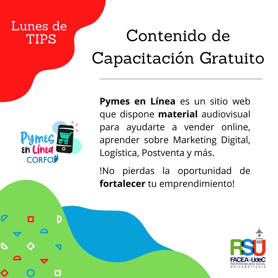 Hoy, en un nuevo #LunesDeTips, compartimos la plataforma Pymes en Línea, donde tendrás acceso a contenido de capacitación sin costo y beneficios como, asesorías y descuentos en servicios digitales 🤩
#RSUFacea #Chile #Capacitación