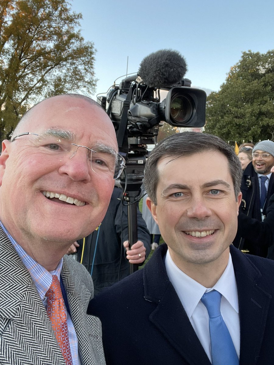 AAAECEO's tweet photo. Great day for America as the President signed the Infrastructure bill. Pictured here: AAAE CEO Todd Hauptli with Future President Pete Buttigieg. Thanks Mr, Secretary! @SecretaryPete https://t.co/NaknzDC47K