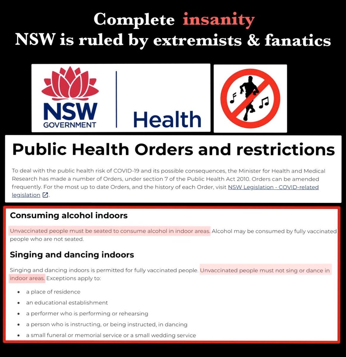 craigkellyAFEE's tweet photo. We used to laugh at the insanity of the extremist &amp; fanatical Taliban when they banned singing &amp; dancing

But now Perrotett &amp; NSW Liberals are doing the same

SHAME

What pathetic spineless wimps the NSW Liberal &amp; National MP’s are for not publicly denouncing this absurdity https://t.co/isp3ATPyHt