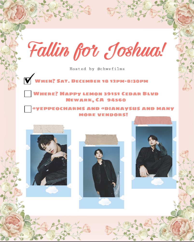 chwemoy's tweet photo. Excited to announce that I will be officially hosting a cupsleeve event in the Bay Area!
Falling for Joshua!
📍 Happy Lemon | 39151 Cedar Blvd
Newark, CA 94560
🗓 Dec. 18 12pm -8:30pm
💎 There wil be vendors!!
#joshuaday #fallingforjoshua #kpopcupsleeve #bayarea #joshua https://t.co/m2f7RvMyWW