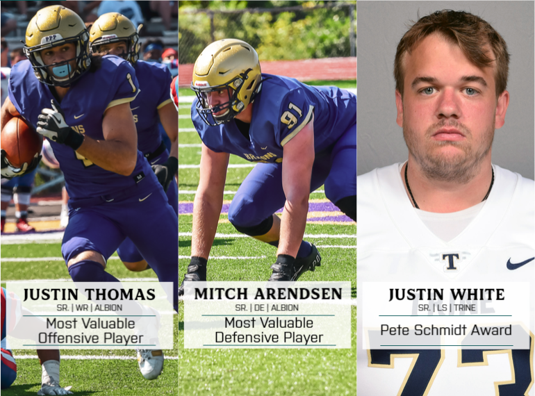 MIAA1888's tweet photo. 🚨 BREAKING NEWS 🚨

The football All-#DMIAA players have been announced! 🏈

Congrats to MVPs Justin Thomas and Mitch Arendsen of @gobrits, Pete Schmidt Award recipient Justin White of @TrineAthletics, and all of the other All-MIAA honorees!

READ -- https://t.co/RspNmkv8Wb https://t.co/OMH4v8MyXA