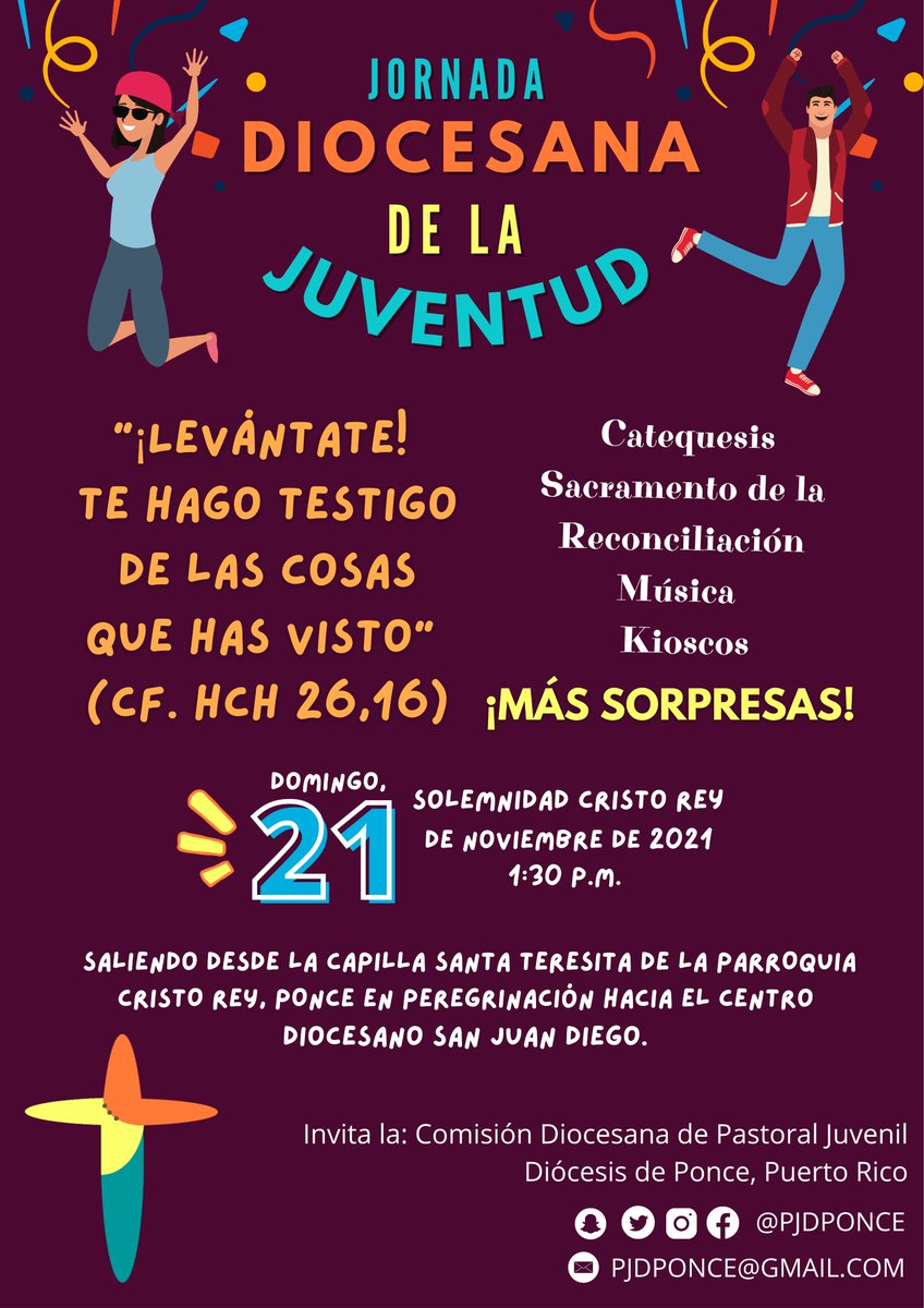 pjdponce's tweet photo. Con el lema “¡Levántate! Te hago testigo de las cosas que has visto.” (cf. Hch 26,16), te compartimos con gran #Alegría los detalles de la #JDJ2021. 

🎒Inscríbete: https://t.co/JjByVDYCPB 
*El 17 de noviembre cierran las inscripciones. 

¡Te esperamos! 💙💛🧡 #Testigos #PJDPonce https://t.co/XTUzMY7Rxz
