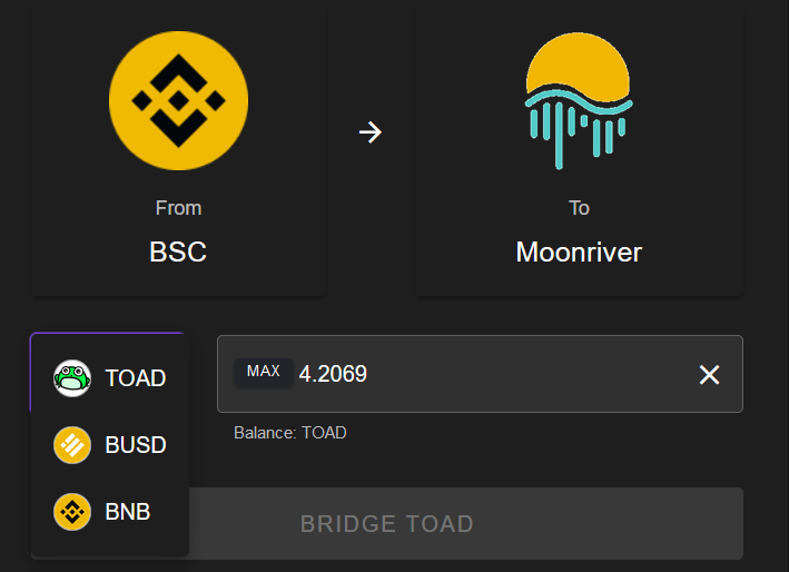 ToadNetwork's tweet photo. ๐https://t.co/srKCL1jE5V Bridge is live and expanding whitelist daily, more #crypto chains and #tokens incoming!
๐You can now #crosschainbridge between @BinanceChain and @MoonriverNW
๐ธ $TOAD
๐งง $BNB
๐ท $BUSD
๐https://t.co/2wgUmVrvek
#DEX $USDC $USDT #DYOR #BSCGems #MOVR https://t.co/eSVkt9dBBS