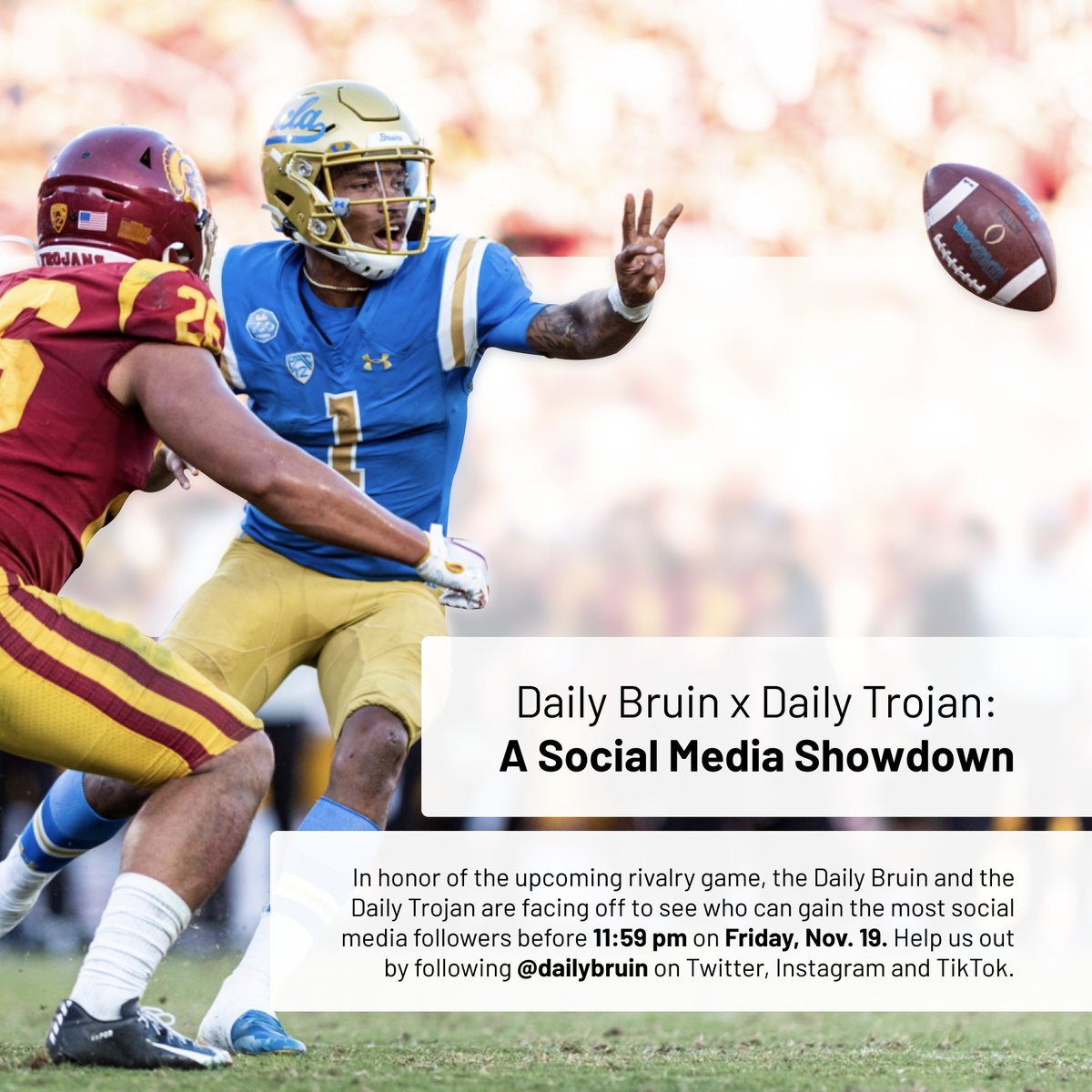 #BeatSC isn't just about sports.

In honor of rivalry week, we're competing against the Daily Trojan to see who can gain the most social media followers by 11:59 p.m. on Friday night. Help us out by following us on Instagram, Twitter and TikTok and retweeting this tweet.