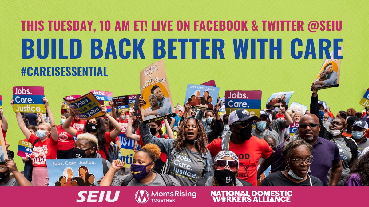 CareIsEssential's tweet image. Tune in NOW at @SEIU! 

It’s time to deliver the #BuildBackBetter plan.
We’re telling Congress it’s time to finish the job and invest in care. #CareCantWait #CareIsEssential