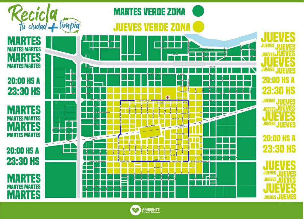 📍 ZONAS DE RECOLECCIÓN DE MARTES Y JUEVES VERDES 🌱

✅ Prestá atención a las zonas detalladas en el mapa para saber qué día debes sacar tus reciclables a tu vereda.

♻️ ¡Recordá que tus residuos deben estar limpios y secos!