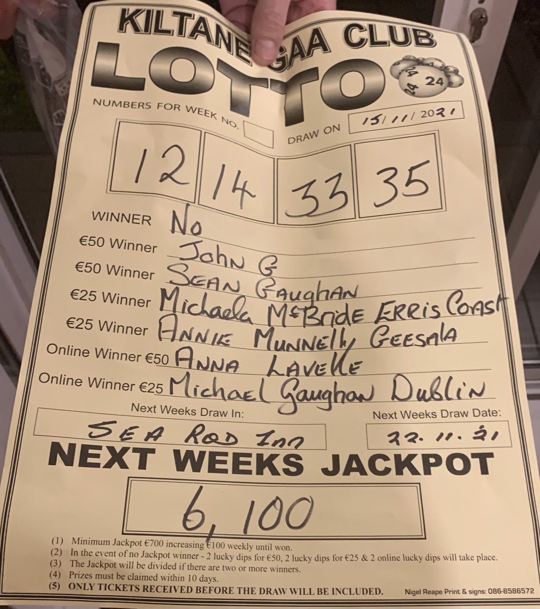 KiltaneGAA's tweet photo. Tonight’s Lotto Numbers &amp; Winners https://t.co/aT0RjOjHah