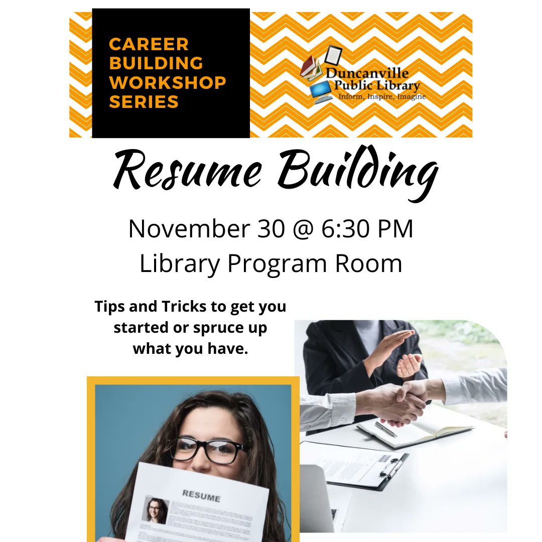 #Duncanvillelibrary is hosting Career Building Workshops. Join this #bestsouthwestlibrary for the Resume Building workshop on Nov. 30. 
#careers, #Duncanville, #freeworkshop <a href="/ScholarShot/">ScholarShot</a>