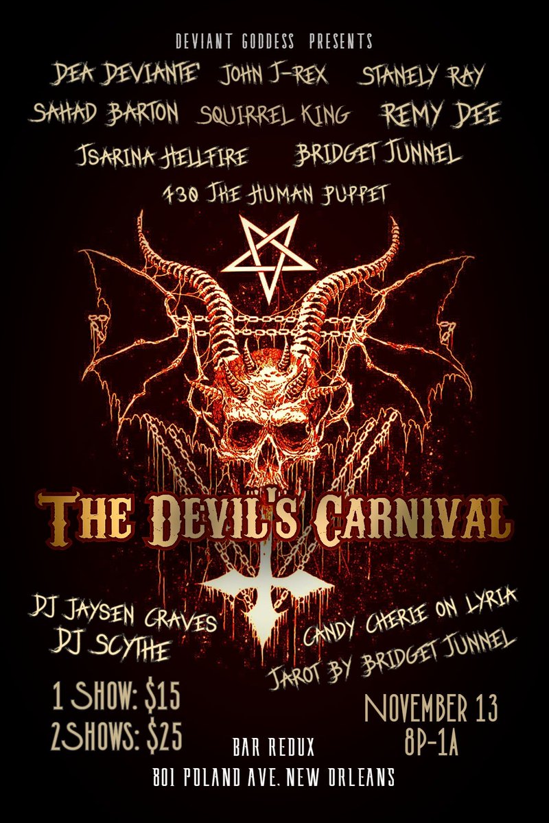 Bar Redux would like to Thank producer, Alaysha Leigh, and all the amazing performers that made The Devil's Carnival a huge success. Shout out to DJ's Scythe & Jaysen Craves for scoring this epic event. Both shows were sold out and a really fun and way cool time was had by all. https://t.co/5q9yO5plhg