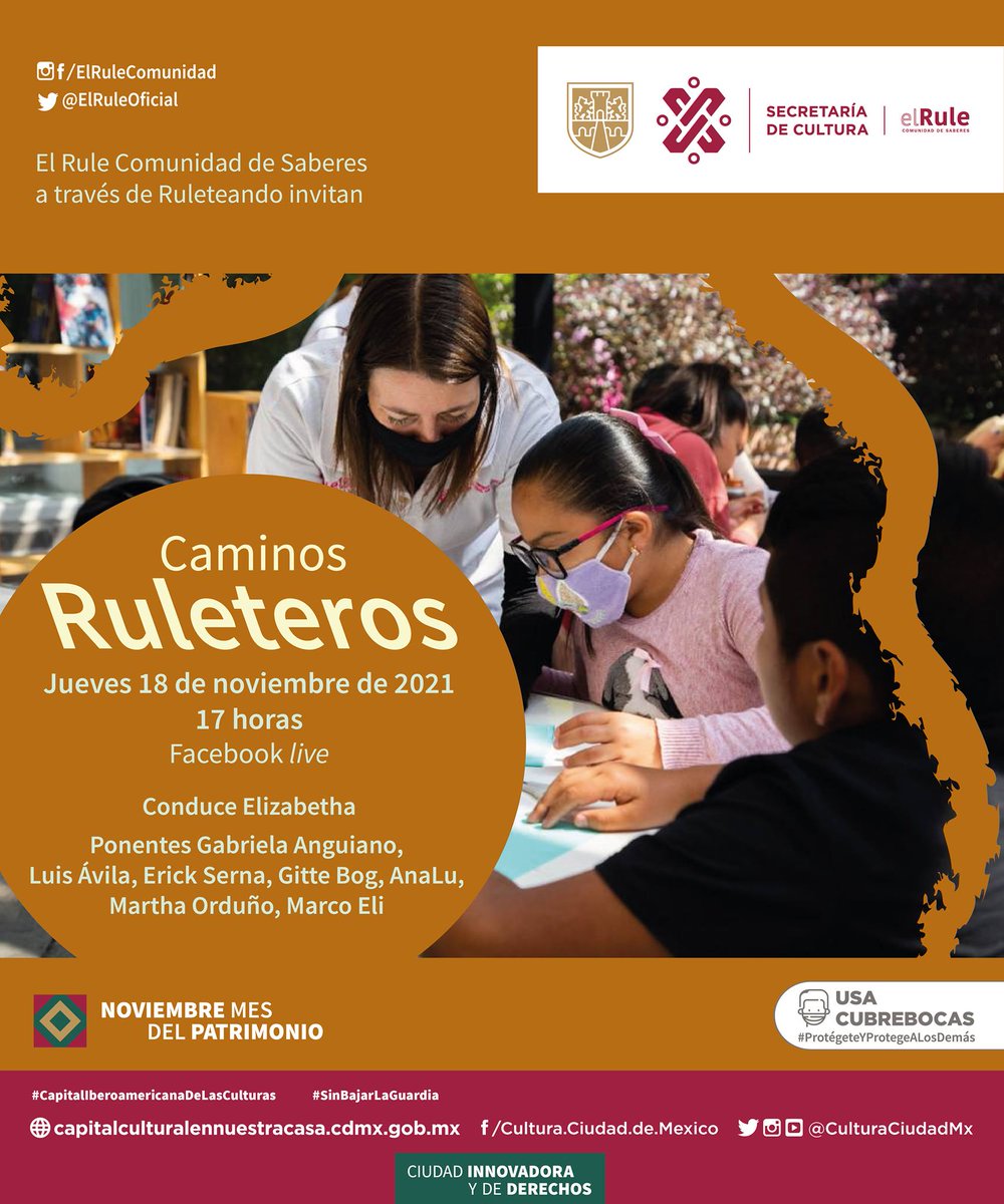 CulturaCiudadMx's tweet photo. .@ElRuleOficial presenta los resultados de la labor que todo el equipo de #Ruleteando ha desarrollado a lo largo del año como agentes de cambio en niños, niñas y jóvenes.

'Caminos Ruleteros', 18 de noviembre, #FacebookLive👉🏾 https://t.co/ZdXPZxNWJB

 #CreadoresDeCultura https://t.co/KBNBm0TXpo