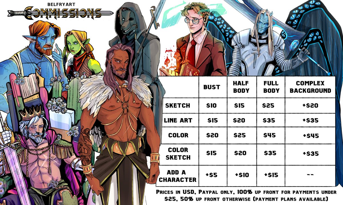 Commissions Open!

Will Do: Armour, Humanoids, Character Refs, Furry, Action, Slice of Life, D&amp;D, Mild NSFW (detail dependent), Fandom x OC

Won't Do: Anything political, Minors in any remotely adult contexts

Any questions? DM or email belfryduck@gmail.com