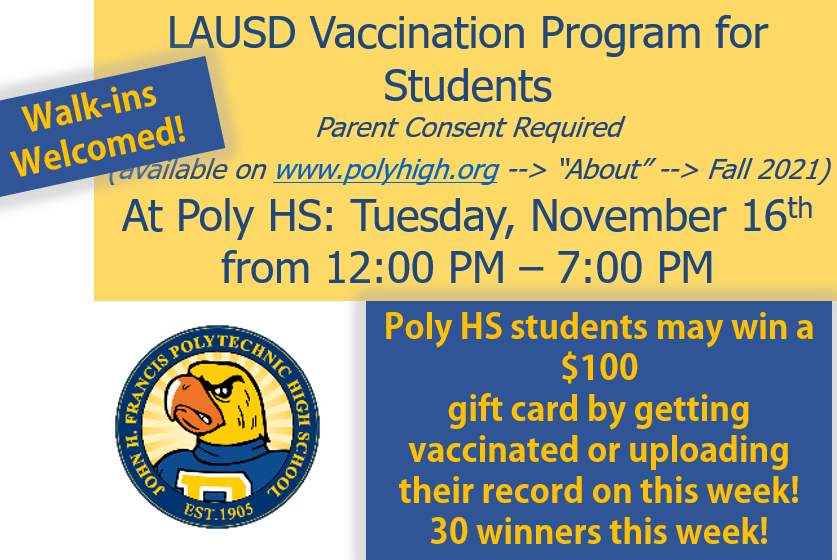 phsparrots's tweet photo. @phsparrots Get your vaccine this or upload your record to Daily Pass this week for a chance to win a $100 gift card! Need your first or 2nd dose? Come to Poly HS between 12 and 7 on Tuesday, 11/16! https://t.co/5wH2tQ5MSq