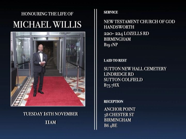 kashtheflash's tweet photo. Here are the details for the funeral service of a #community champion #MichaelWillis someone I held in high regard #RIP ❤️ https://t.co/UFPNalemQR