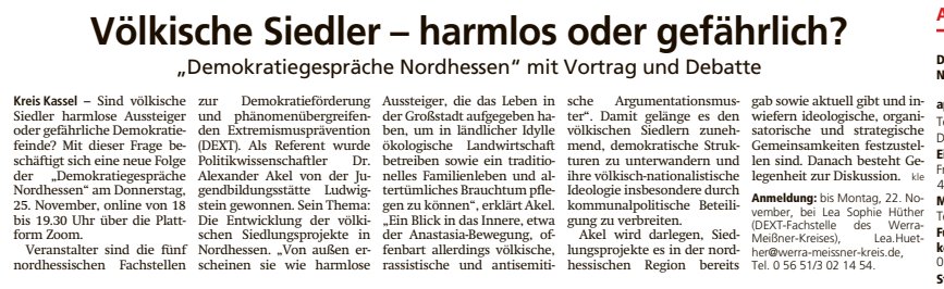 Thema: '#VölkischeSiedler'
Vortrag und Diskussion Über u.a. die #Anastasia-bewegung. Anmeldung:
Lea.Huether@werra-meissner-kreis.de, Tel. 0 56 51/3 02 14 54