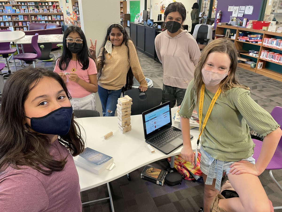 CeVMS_Library's tweet photo. Using @JENGA to practice using the library catalog! Overheard from a 6th grader: “Jenga was my childhood!” 😂 https://t.co/XJ84GjLHVY