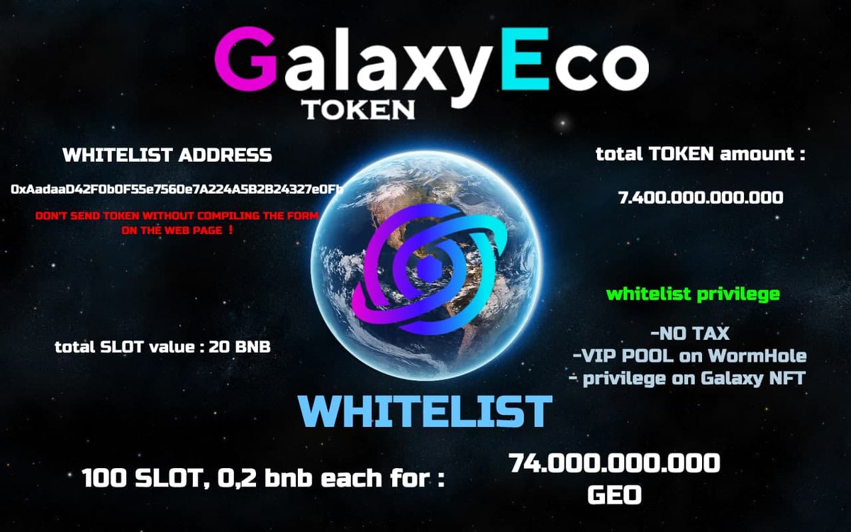 GalaxyEcos's tweet photo. If you want to enter the whitelist, fill out our form on the web page with whitelist and your metamask or trustwallet address on the BSC network

check our official online platform:
https://t.co/JUkkFPlhmc

And get in touch with the team:
https://t.co/D8QVC3qxCp https://t.co/1aKxnPCP4U
