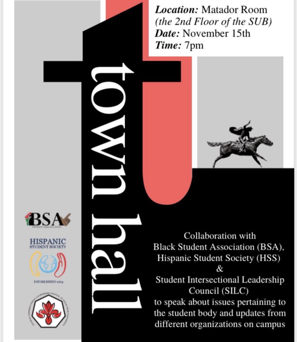 Hello Red Raiders! Save the date for the Fall 2021 Town Hall! Join us on November 15, 2021 in the Matador room on the second floor of the SUB! It will begin at 7pm so make sure you come out and bring some friends! See you all there :)
