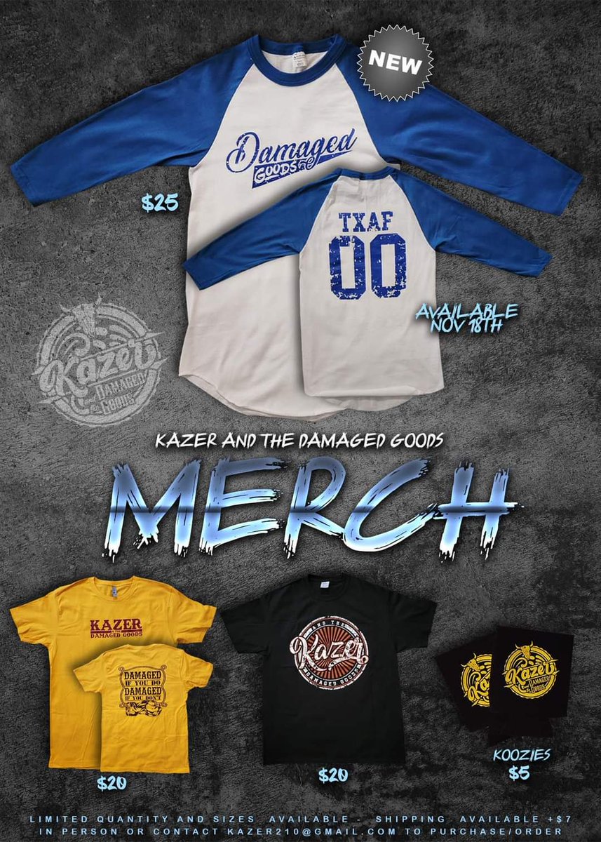 Kazer_TDG's tweet photo. Merch Merch Merch Merch 🎼
#Merch #kazerandthedamagedgoods #ktdg #txaf #damagedifyoudo #damagedifyoudont #koozies #newmerch #baseballtees #threequartersleeve #damagedgoods #november18th #exclusive #gototheshow #getnewmerch https://t.co/4d06nzYRmQ