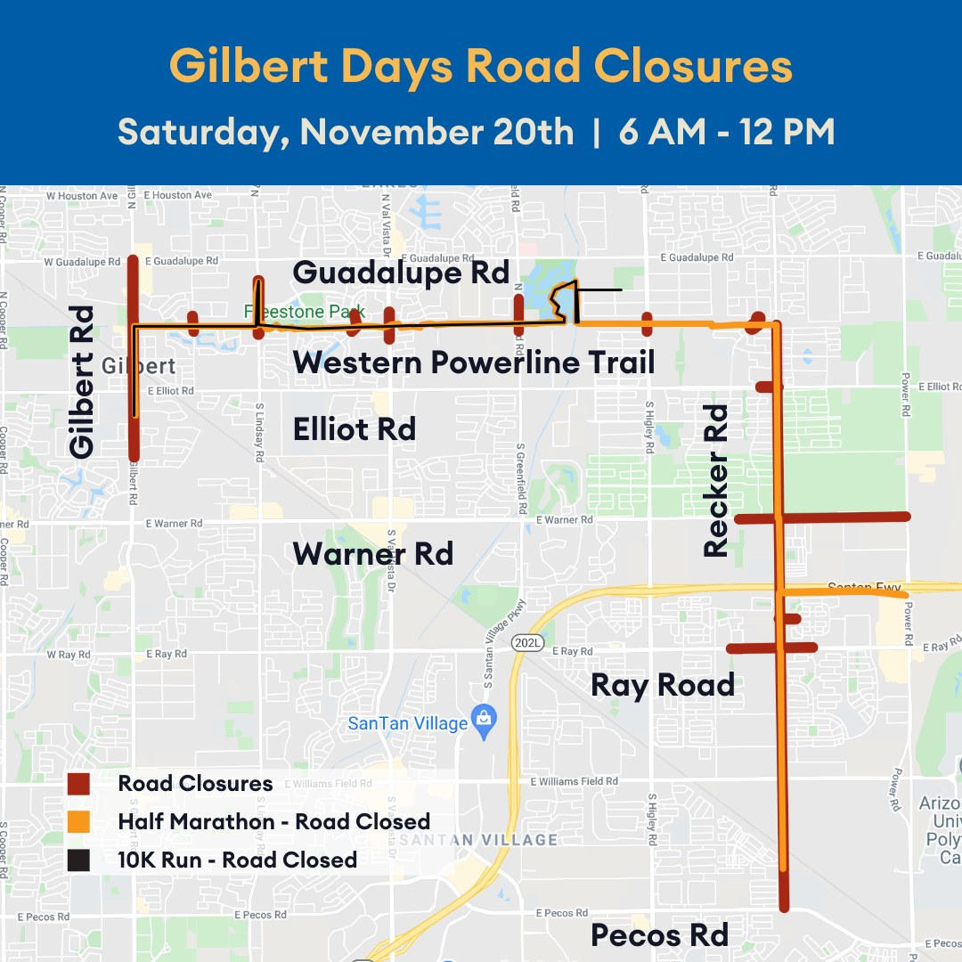 Be prepared, #GilbertAZ drivers! 🚗 🚧

Multiple road closures will be in place this Saturday, November 20th from 6AM - 12PM for the Gilbert Days Parade and Gilbert Half Marathon and 10K.

Plan ahead and find a full list of closures on this Google Map 👉 glbrt.is/GDRoadClosures