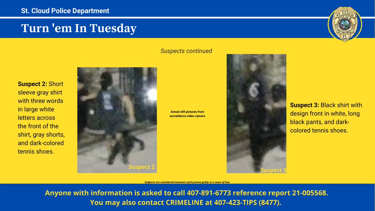 StCloudPD's tweet photo. The St. Cloud Police Department is looking to identify the subjects pictured. If you have any information, please call the number at the bottom of the picture or contact @CrimelineFL at 407-423-TIPS (8477). #tips #turnemintuesday #CrimeLine #scpd https://t.co/lLlXewk8hW