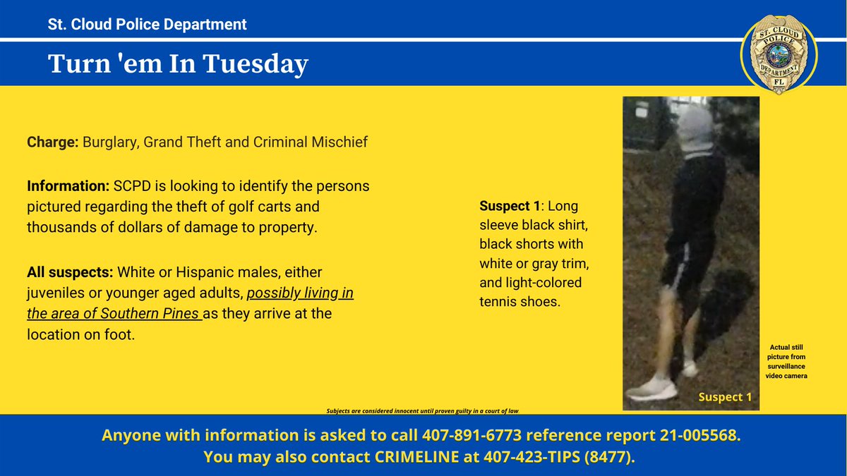 StCloudPD's tweet photo. The St. Cloud Police Department is looking to identify the subjects pictured. If you have any information, please call the number at the bottom of the picture or contact @CrimelineFL at 407-423-TIPS (8477). #tips #turnemintuesday #CrimeLine #scpd https://t.co/lLlXewk8hW
