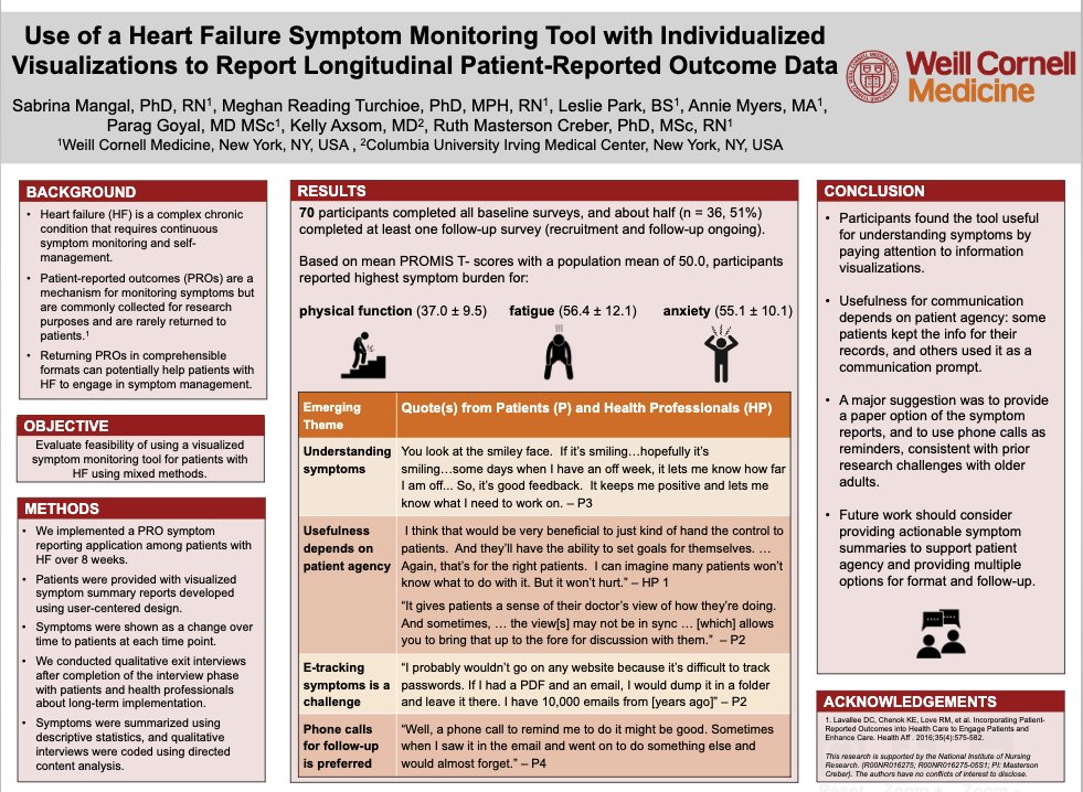 Patients with #hf found our #infoviz tool useful for understanding their symptoms: “it keeps me positive and lets me know what I need to work on”. Great work by: @sabrina_mangal @MeghanTurchioe  @LeslieJPark @anniecmyers @WCMPopHealthSci @ParagGoyalMD #AHA21 @CVSNHeart