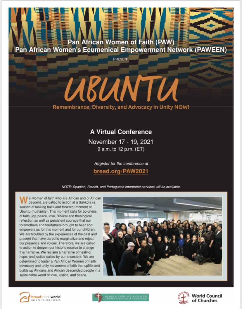 Join us this week for Ubuntu: Remembrance, Diversity, and Advocacy in Unity NOW! A Virtual Conference hosted by <a href="/bread4theworld/">Bread for the World</a> and <a href="/Oikoumene/">World Council of Churches (WCC)</a> 

Register today! bread.org/PAW2021
