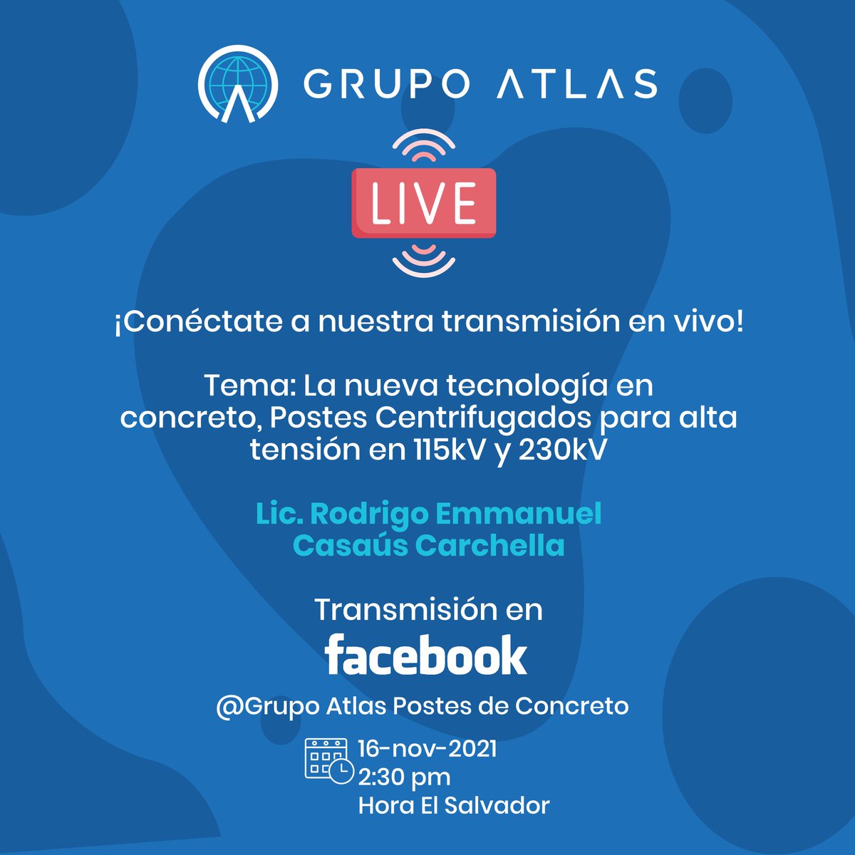 AtlasGrupo's tweet photo. ¡Conéctate mañana en nuestro canal de Facebook!

Conoce más sobre nuestros Postes Centrifugados para Alta Tensión en  115kV y 230kV a través de nuestra ponencia en La RVP organizado por la IEEE en #México 

Mañana 16 de noviembre a las 2:30pm hora El Salvador. https://t.co/7QK5e1fVLC
