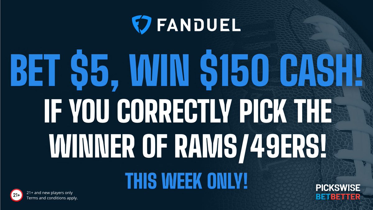 Pickswise's tweet photo. FanDuel MNF Offer 🔥

Sign up and bet $5 on either the Rams or 49ers ML and win $150 CASH if your team wins https://t.co/7nQDrUcJ0Y https://t.co/bkuKynGHNG
