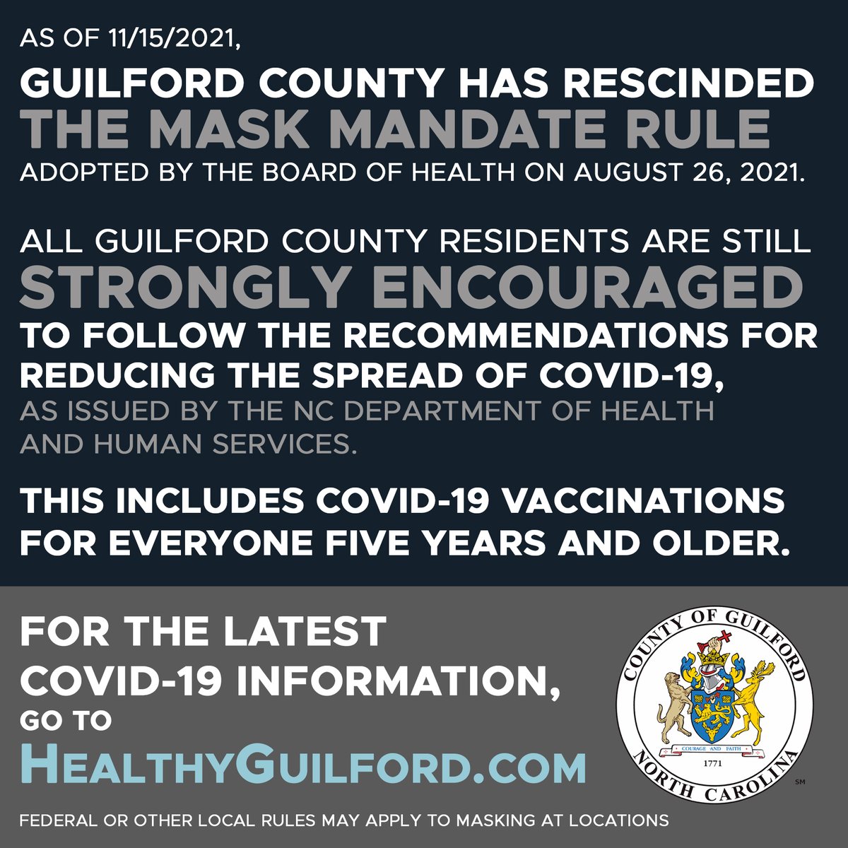 GuilfordCounty's tweet photo. @GuilfordCounty Commissioner Vice Chair, Carlvena Foster just moved and  Commissioner James Upchurch seconded a motion to rescinding countywide mask mandate. Motion passed unanimously. The recension is effective immediately. Federal/Local Rules may apply to masking at locations. https://t.co/hKZsNquN3R