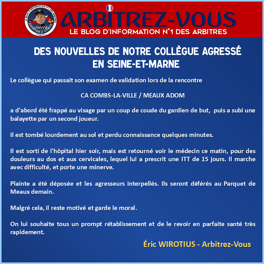 ArbitrezVous's tweet photo. #AlerteAgressionArbitre #RasLeSifflet
🚨 Des nouvelles de notre collègue agressé en Seine-et-Marne...
@ArbitresSAFE @UnafArbitres @FFF @LPIFF75 @lequipe @parisienspo_idf @M6 @francebleuparis @BFMParis @Sports_gouv @Interieur_Gouv @justice_gouv @GuyGeoffroy @jf_cope https://t.co/S3L4hPfVR2