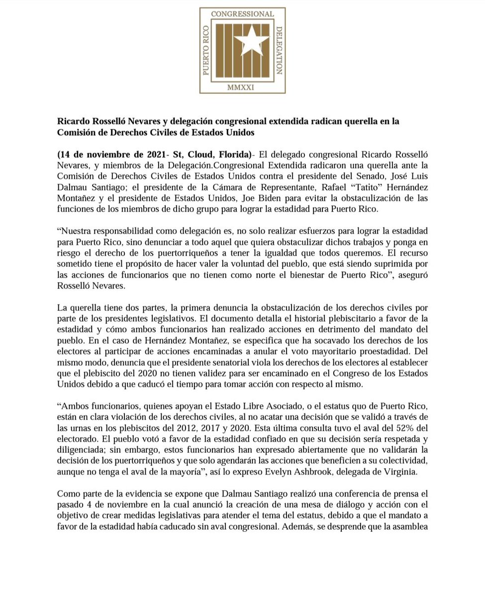 MarilynC72's tweet photo. Querella presentada por el Delegado  Congresional Dr. @ricardorossello junto a miembros de la Delegación Extendida ante la Comisión de Derechos Civiles de EU contra el presidente Joe Biden, y los presidentes de Senado y Cámara Rafael "Tatito" Hernández y José L. Dalmau. https://t.co/7i6Lc4ToTW