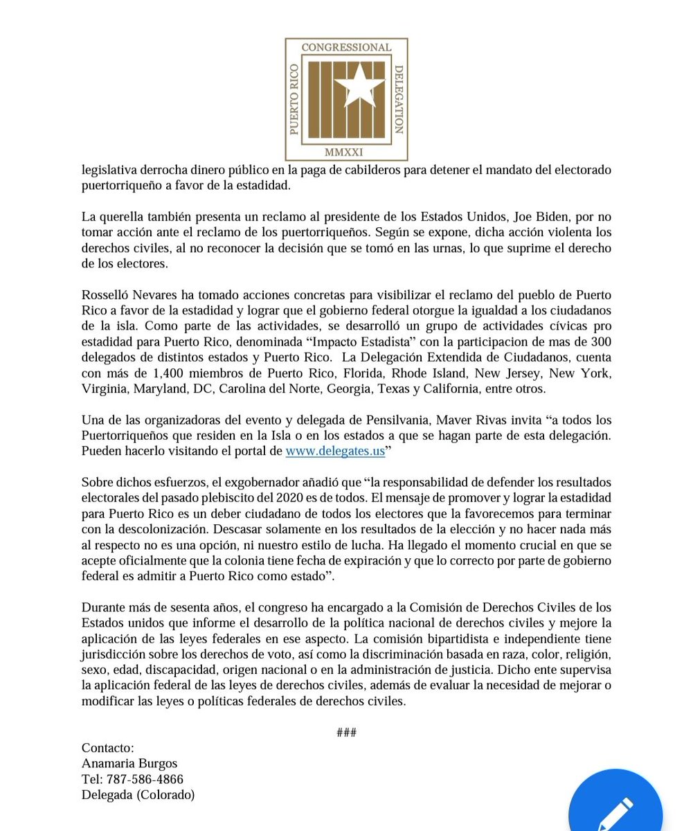 MarilynC72's tweet photo. Querella presentada por el Delegado  Congresional Dr. @ricardorossello junto a miembros de la Delegación Extendida ante la Comisión de Derechos Civiles de EU contra el presidente Joe Biden, y los presidentes de Senado y Cámara Rafael "Tatito" Hernández y José L. Dalmau. https://t.co/7i6Lc4ToTW