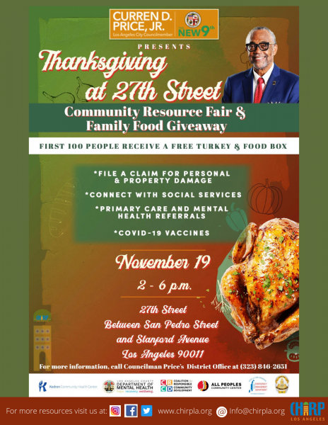 ChirpLosAngeles's tweet photo. First 100 People Receive a Free Turkey & Food Box
Friday, November 19, 2021
2:00pm - 6:00pm
27th Street (Between San Pedro St. & Stanford Ave.) Los Angeles, CA 90011 #chirpla #freeturkey #chirpcommunityresources #thanksgiving #Thankful https://t.co/44nnzwd89w