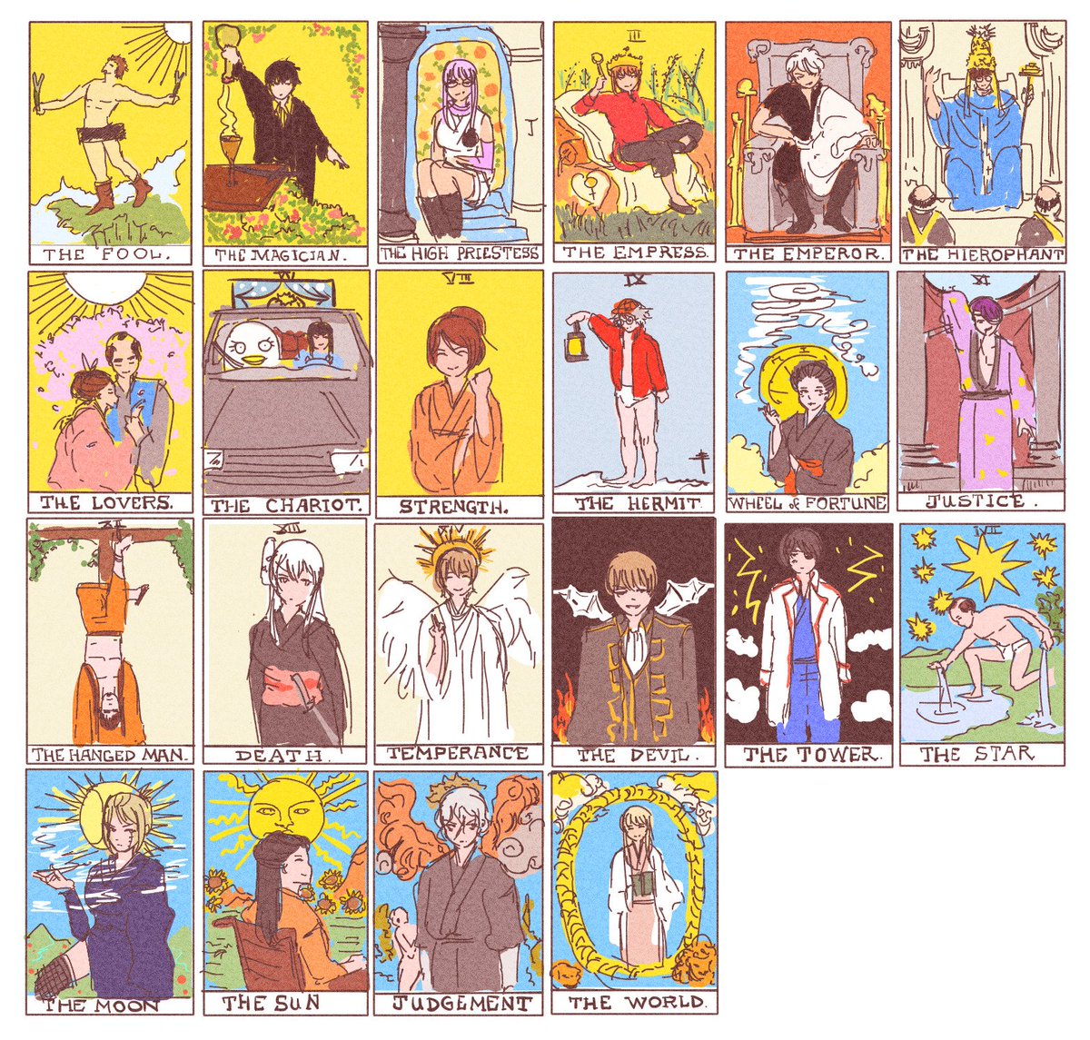 Yeah..I made a tarot for Gintama. Very poorly btw. Some as the cart meaning, some as a anime stuff related and some as a joke hahhaha 
#gintama