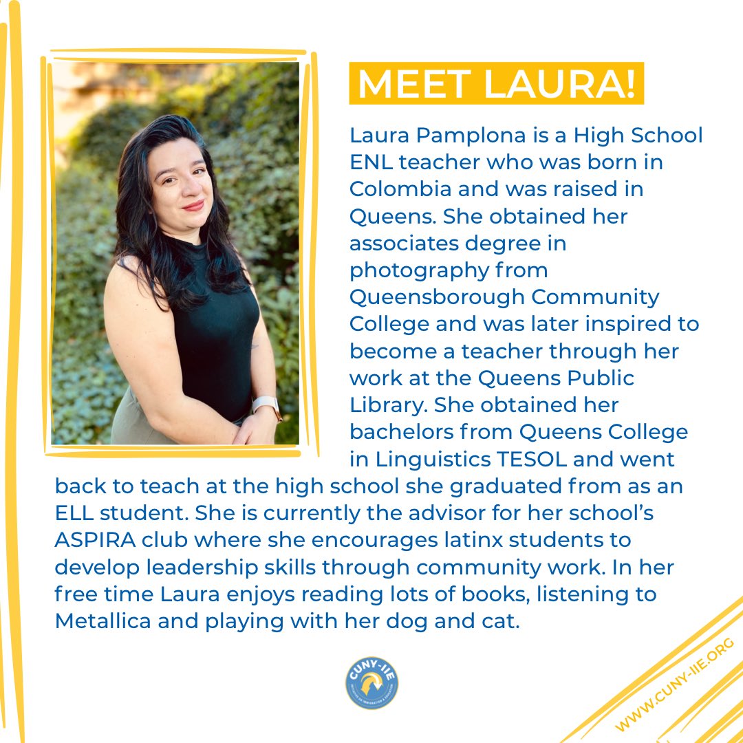 cuny_iie's tweet photo. Say hello to Laura! She is one of the Immigrant Liaison Program coordinators. Laura teaches ENL at the high school level and also advices for her school’s ASPIRA club.
#ImmigrantLiaisonProgram
#CUNYIIE #CUNY #UndocuEDU https://t.co/P9j4YaHo6p